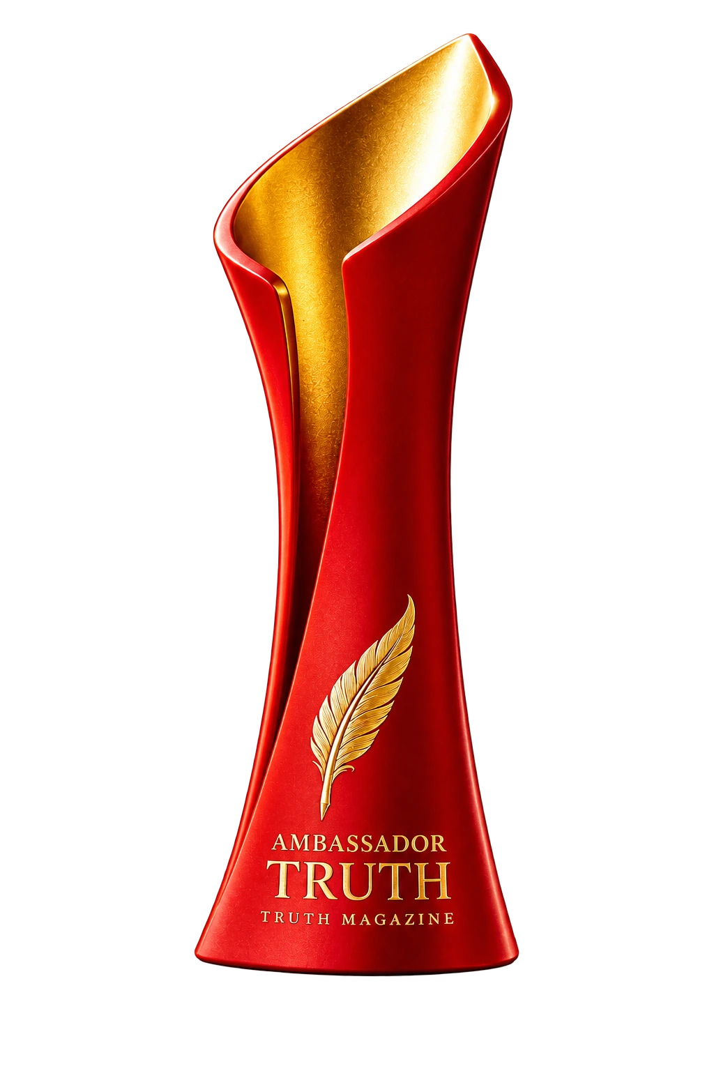 Ambassador TRUTH award concept: a red sculptural trophy with a gold interior and golden quill