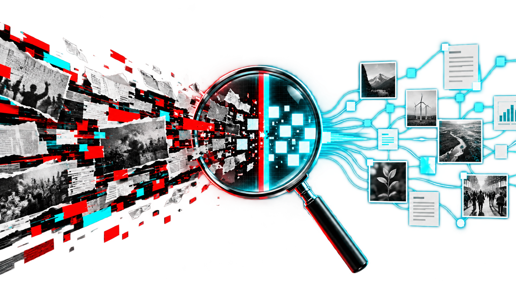 Magnifying glass transforming fragmented information into connected evidence