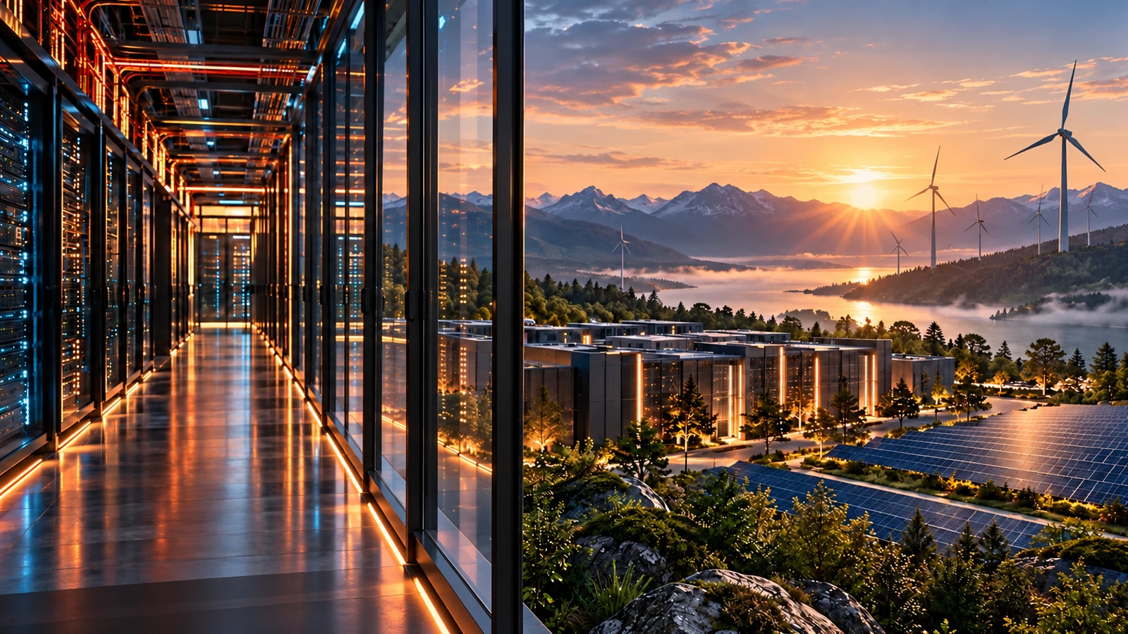 Data centre and renewable energy infrastructure in a mountain landscape
